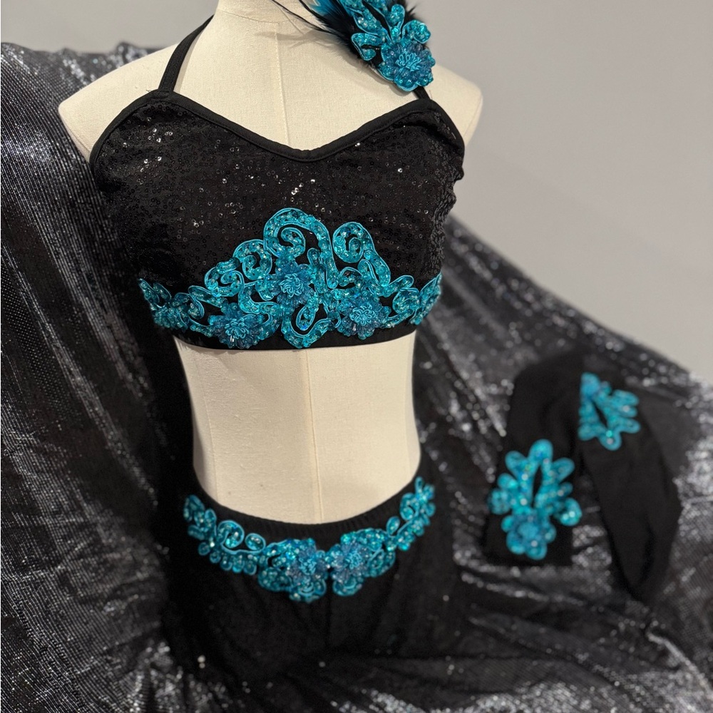 Medium Adult Black and Teal Sequin Dance Costume